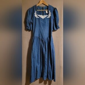 Tickets Vintage 80s Denim Dress with Puff Sleeves and Full Skirt Size 9/10
